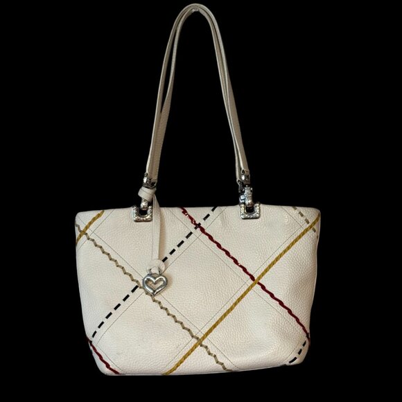 Brighton Handbags - BRIGHTON Purse Beige Leather Tote Double Strap Multi-Color Stitching